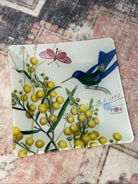Fringe Studio Botanical Hummingbird Butterfly Decorative Glass Trinket Tray